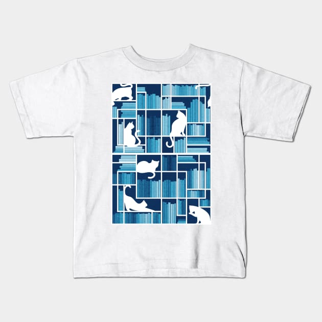 Rainbow bookshelf // monochromatic blue white shelf and library cats Kids T-Shirt by SelmaCardoso